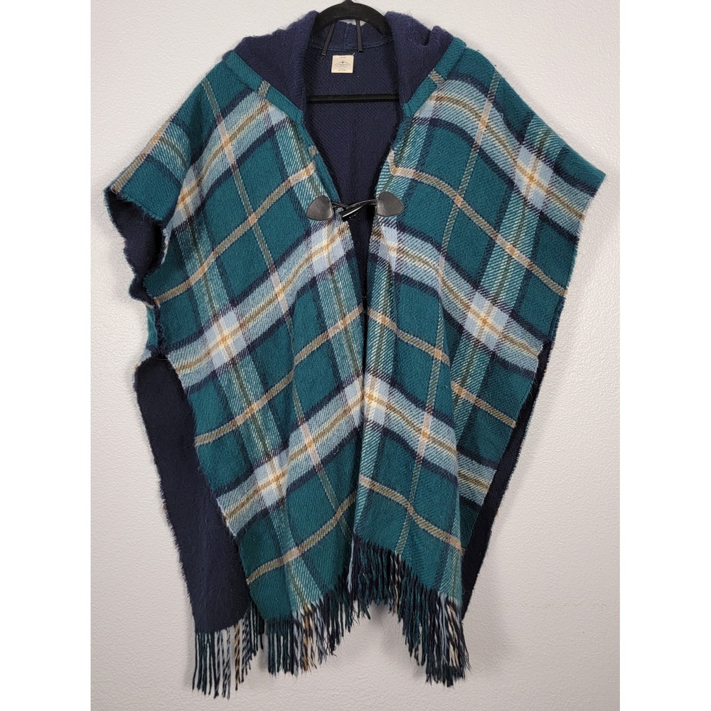 St Johns Bay Teal Plaid Hooded Poncho Wrap Toggle Fringe Poncho Boho Cabincore
